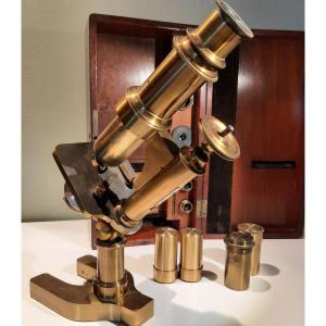 All Brass Microscope In Its 19th Century Mahogany Box