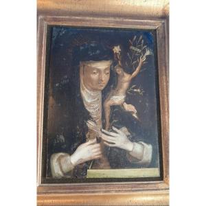 17th Century Copper Painting, Saint Catherine Of Siena...