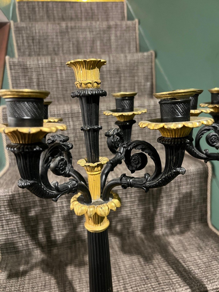 Pair Of Large Gilded Bronze Candelabras With Yellow Marble Bases. France, Empire Period.-photo-4