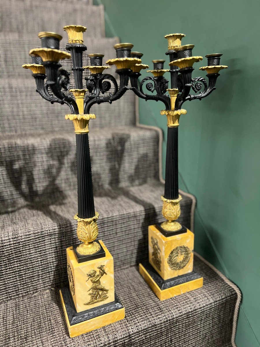 Pair Of Large Gilded Bronze Candelabras With Yellow Marble Bases. France, Empire Period.