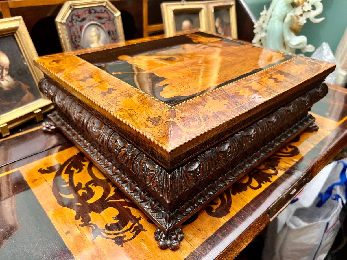 Large Inlaid Wooden Box With A Mythological Scene. Lombardy, 18th Century.-photo-3