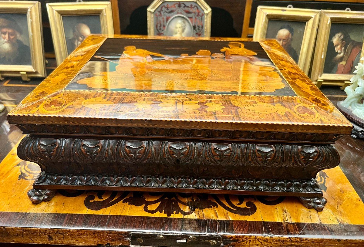 Large Inlaid Wooden Box With A Mythological Scene. Lombardy, 18th Century.-photo-1