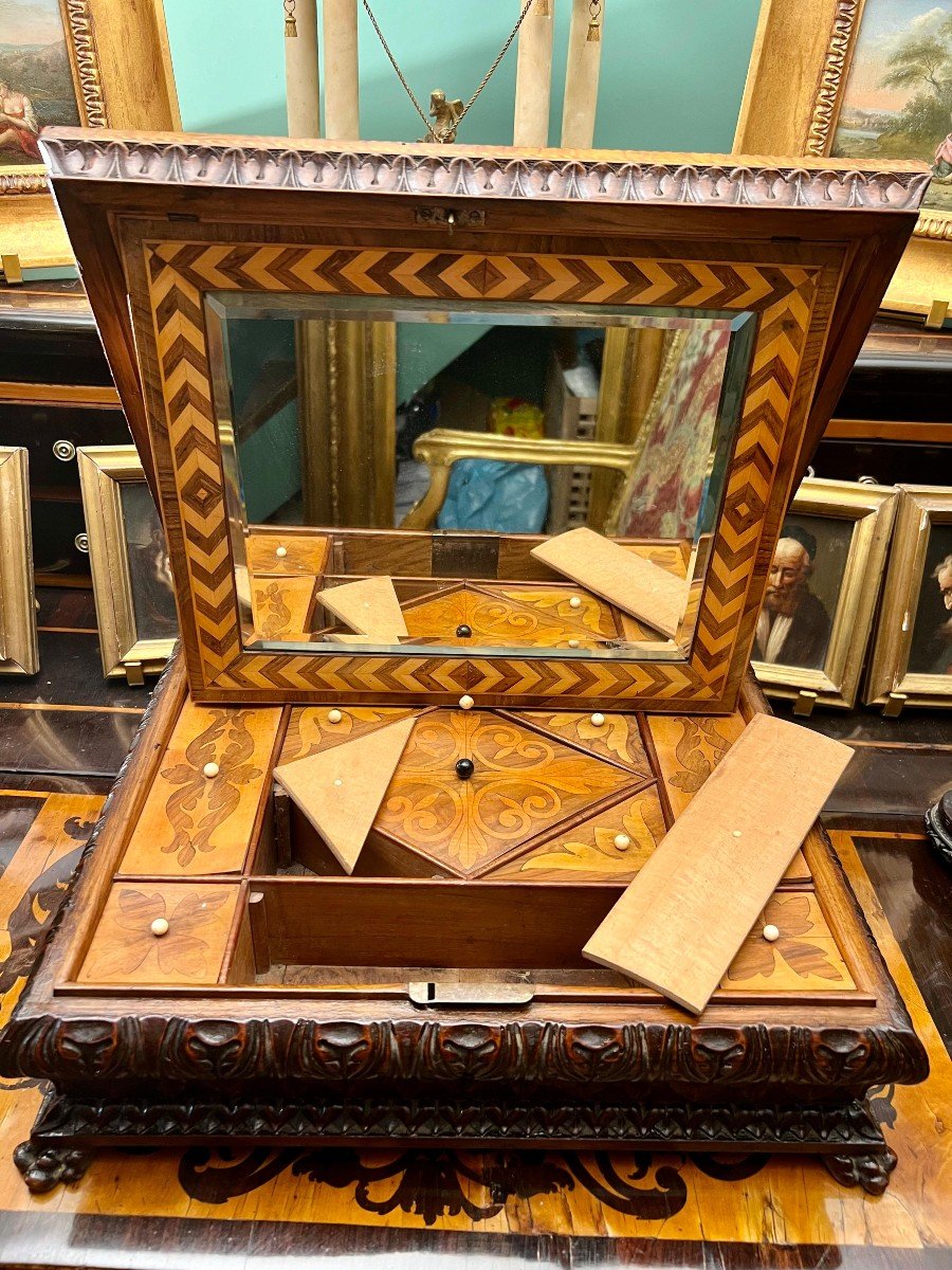 Large Inlaid Wooden Box With A Mythological Scene. Lombardy, 18th Century.-photo-2