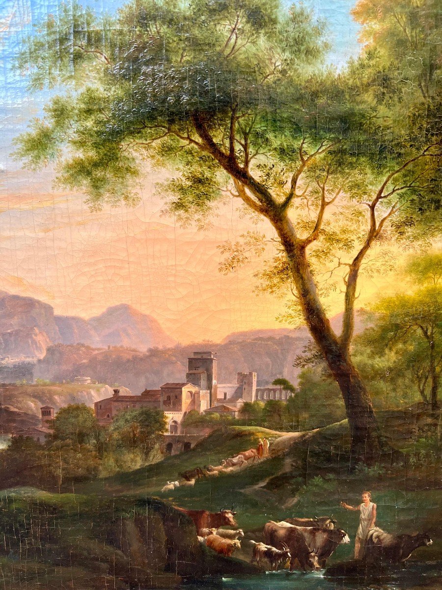 Tableau à l'Huile Sur Toile Représentant Un Paysage, Attribué à F. Zuccarelli. XVIII Siècle-photo-2