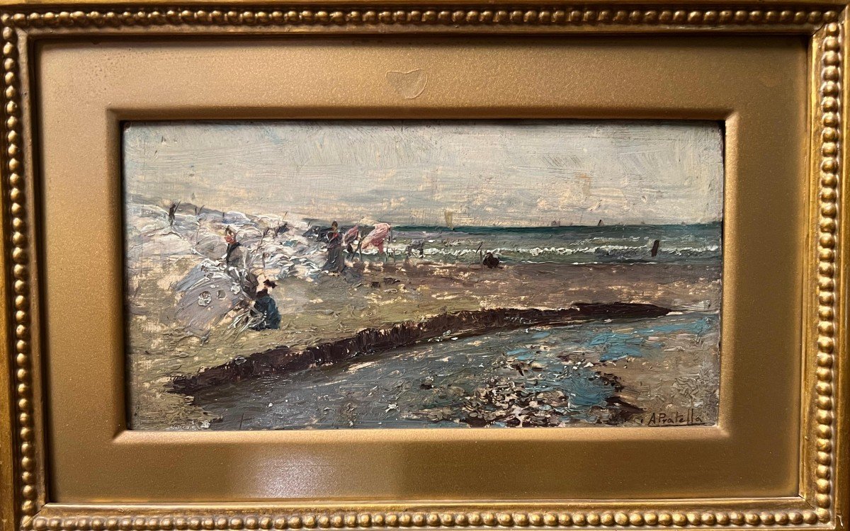 Peinture sur panneau, marine napolitaine, signée Attilio Pratella.