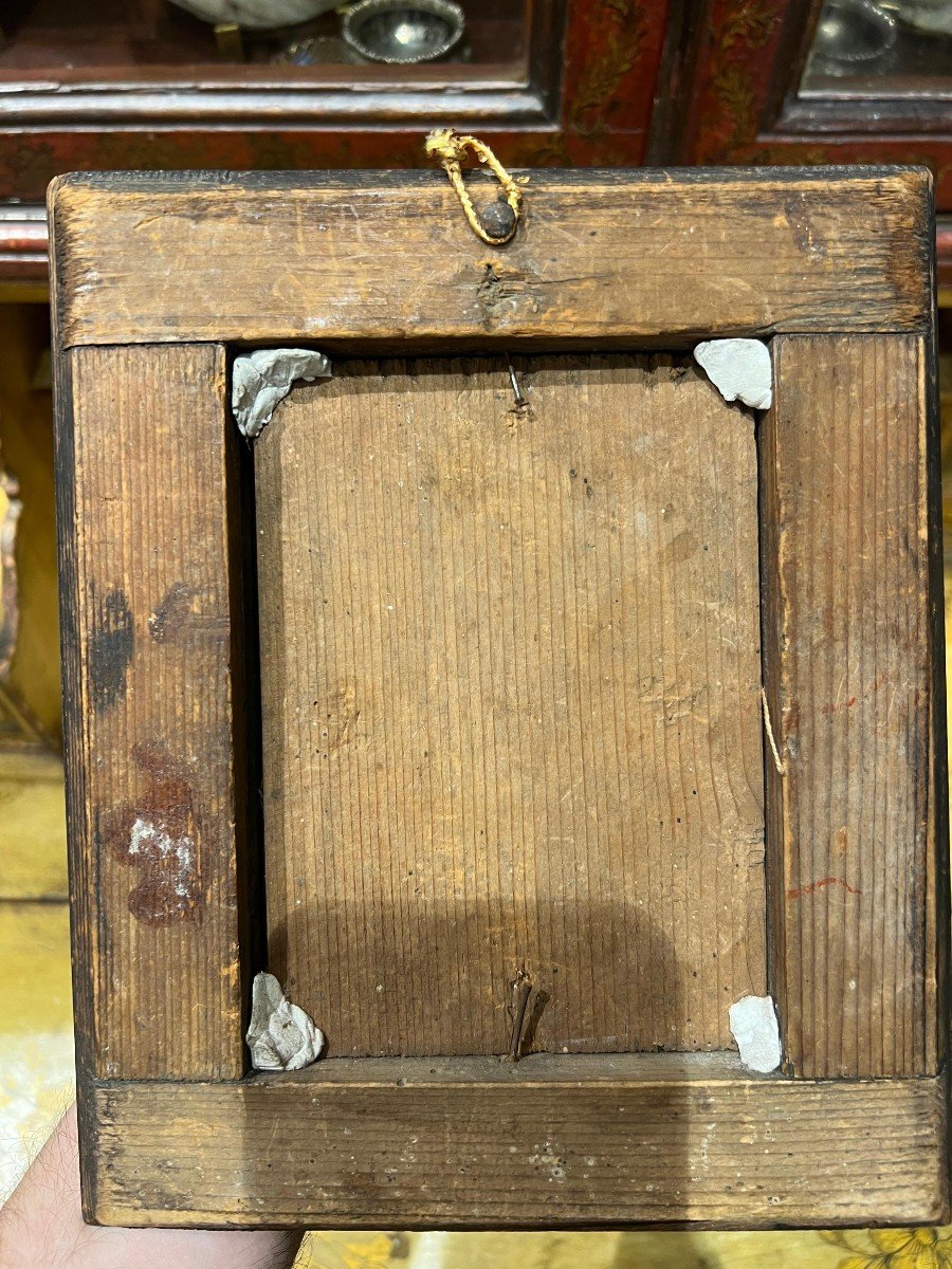 Small Wooden Frame From The Late 17th Century With Sacred Embroidery-photo-3