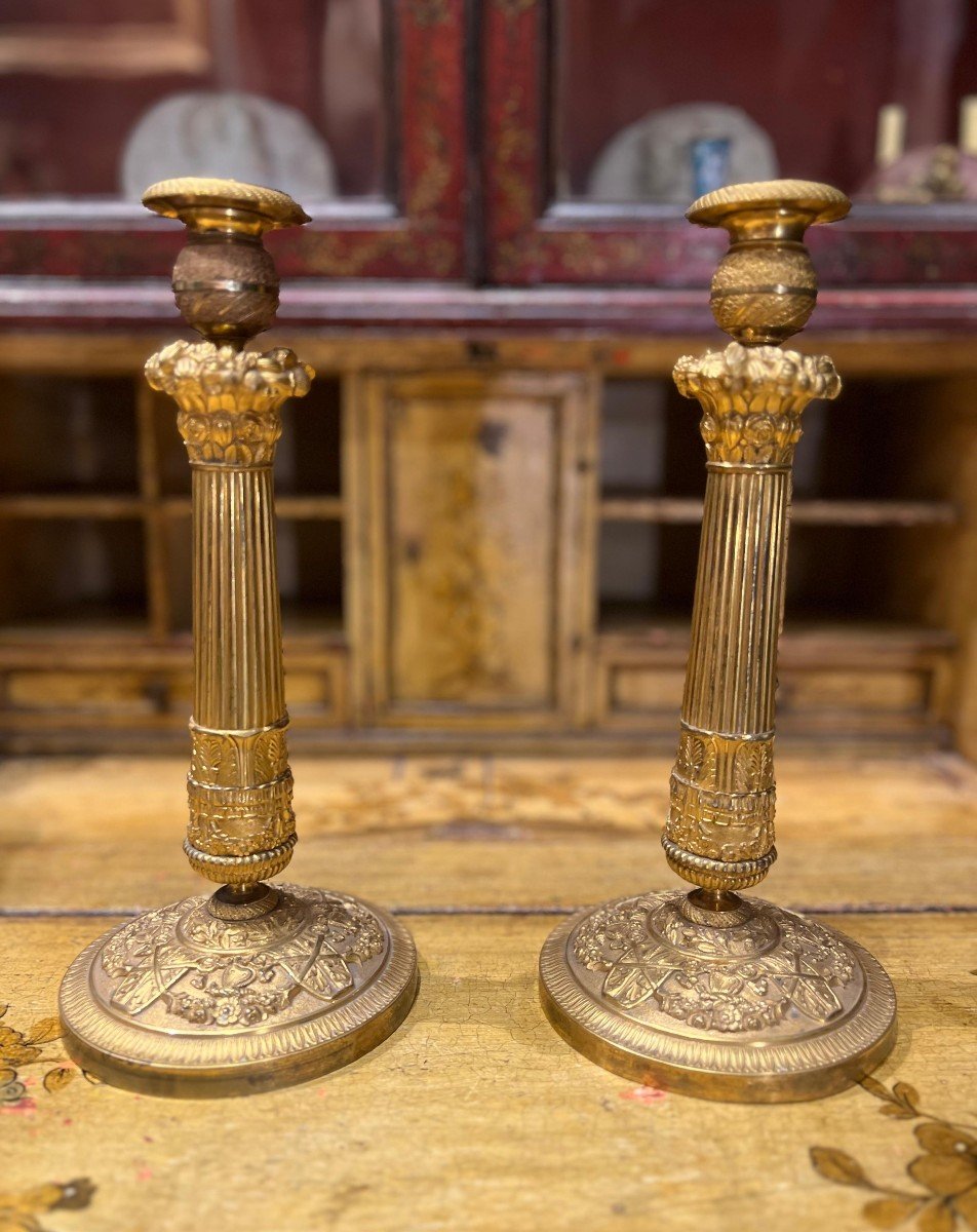 Pair Of Gilt Bronze Candlesticks. France, Empire Period