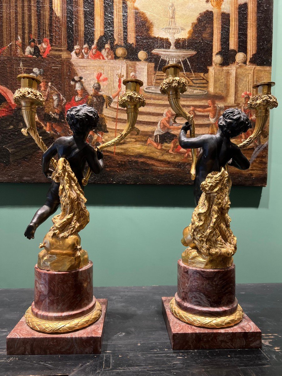 Pair Of Gilded Bronze Candelabra With Putti And Marble Base. France, Empire Period-photo-2