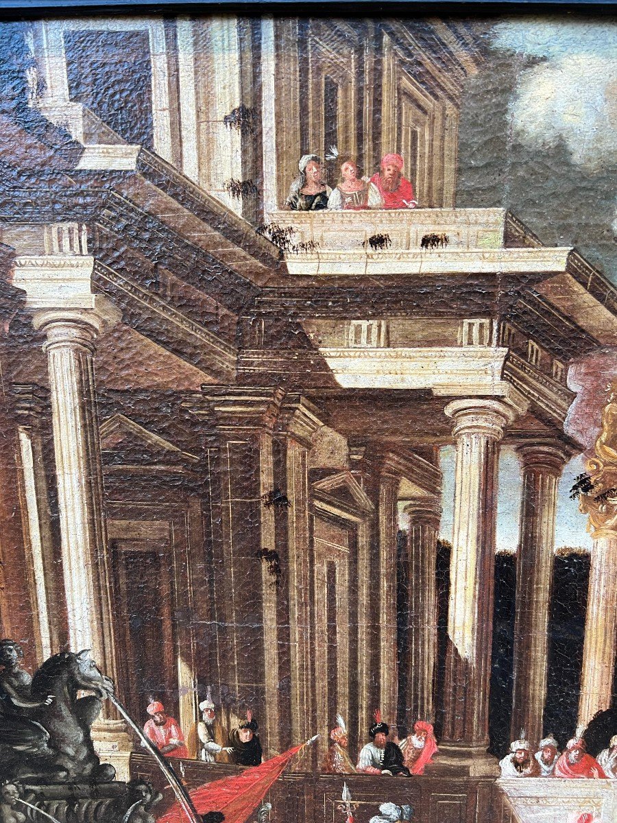 Architectural Capriccio With Figures. Oil On Canvas, Flemish School, 17th Century-photo-3