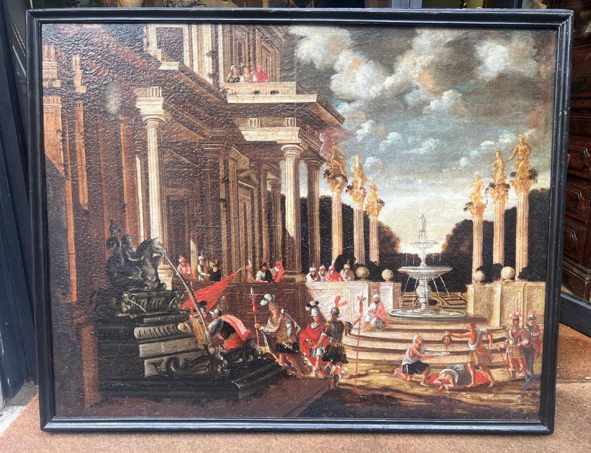 Architectural Capriccio With Figures. Oil On Canvas, Flemish School, 17th Century