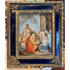 Painting Under Glass Depicting A Sacred Scene With A Glass Frame. Venice, 18th Century.