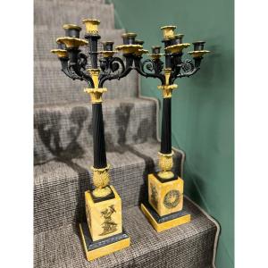 Pair Of Large Gilded Bronze Candelabras With Yellow Marble Bases. France, Empire Period.