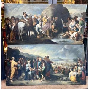 Paire De Grands Tableaux Huile Sur Toile Représentant Des Scènes Bibliques. XIXe Siècle