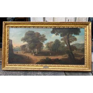 Oil Painting, View Of The Roman Countryside, Paolo Anesi, 18th Century.