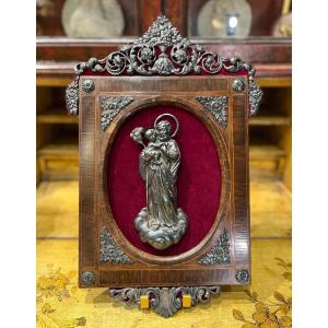 Antique Plaque In Wood And Embossed Silver Depicting Saint Joseph. Early 19th Century