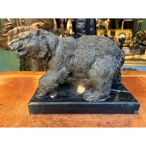 Bronze Statue With Marble Base, Depicting A Bear. Germany, Black Forest