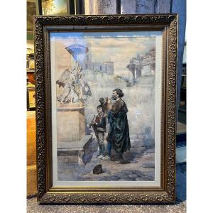 Watercolor On Paper Of Rome, Signed By Ettore Roesler Franz