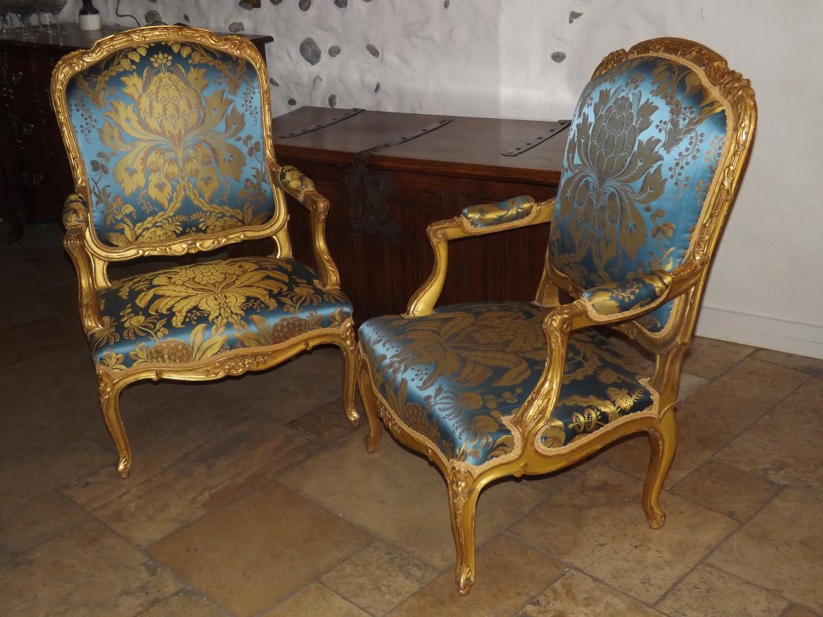 Paire De Fauteuils à La Reine Bois Doré Régence Soie ,XIX