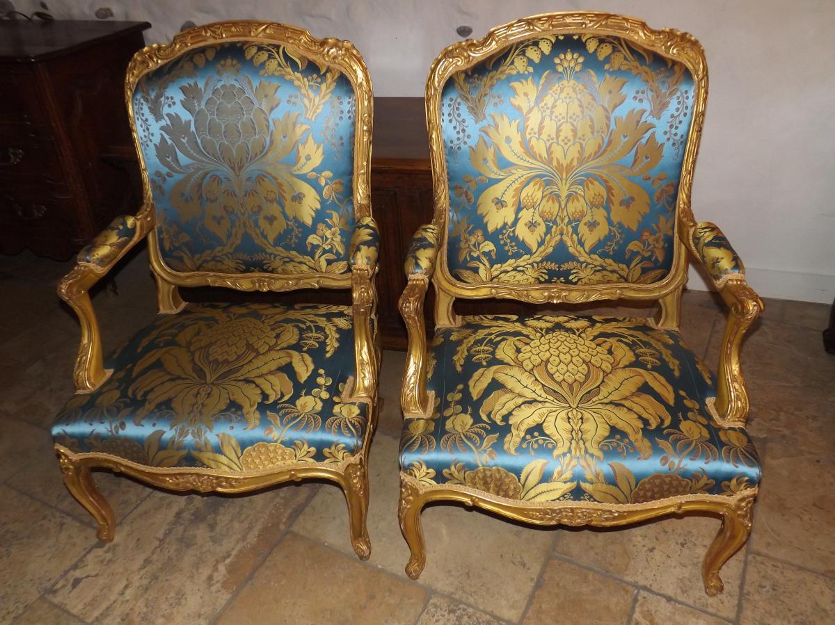 Paire De Fauteuils à La Reine Bois Doré Régence Soie ,XIX-photo-2