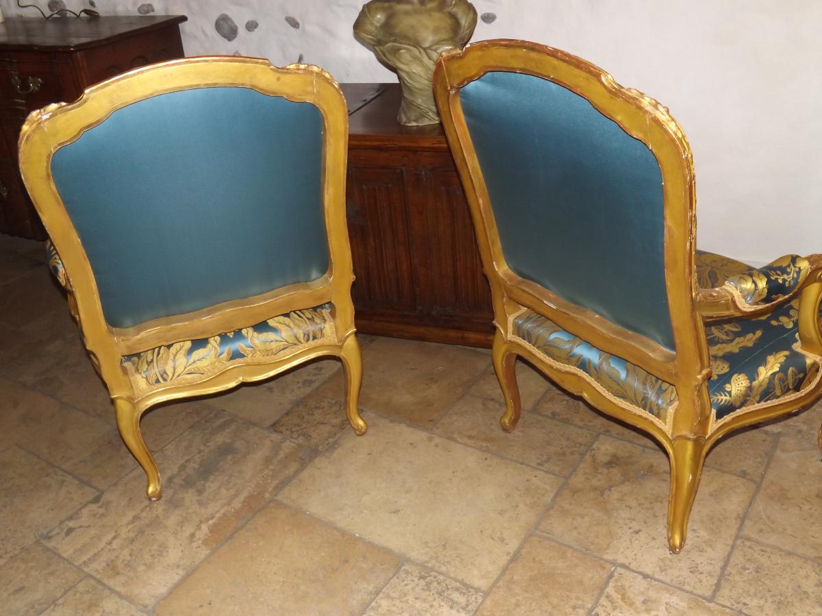 Paire De Fauteuils à La Reine Bois Doré Régence Soie ,XIX-photo-3