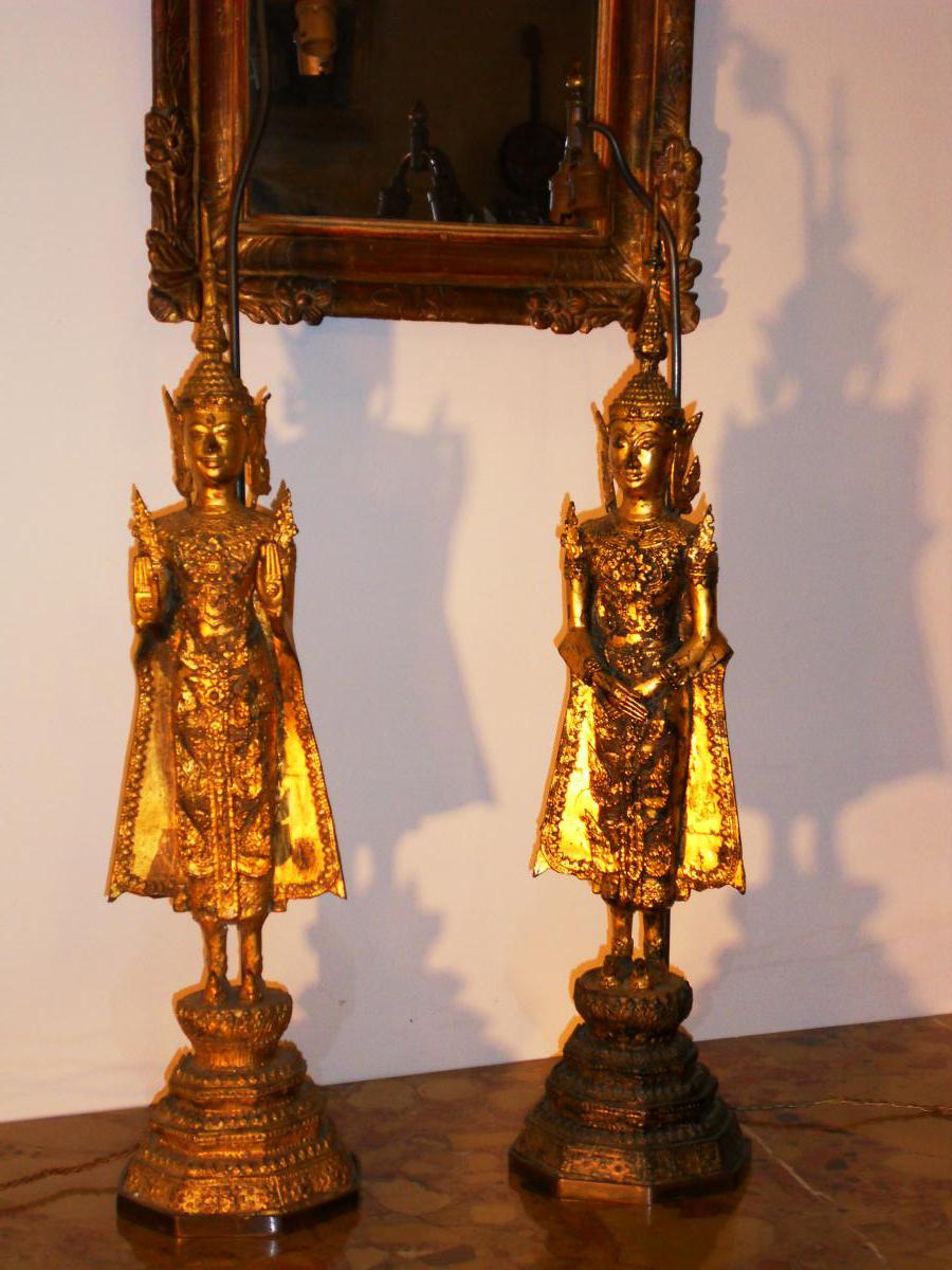 Paire Bouddha Bronze Monté En Lampe