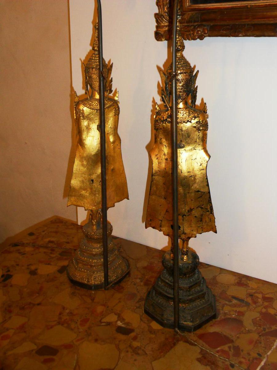 Paire Bouddha Bronze Monté En Lampe-photo-3