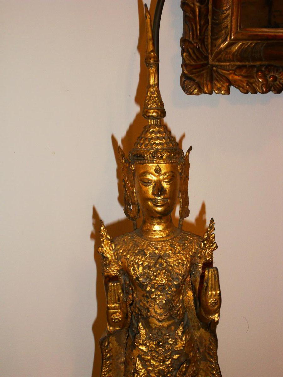 Paire Bouddha Bronze Monté En Lampe-photo-4