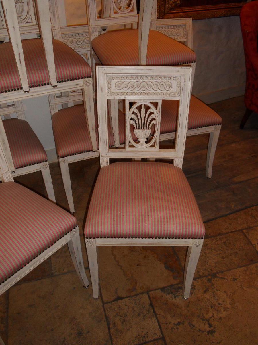 Suite De 12 Chaises Directoire Peinte,tapisserie Soie-photo-2