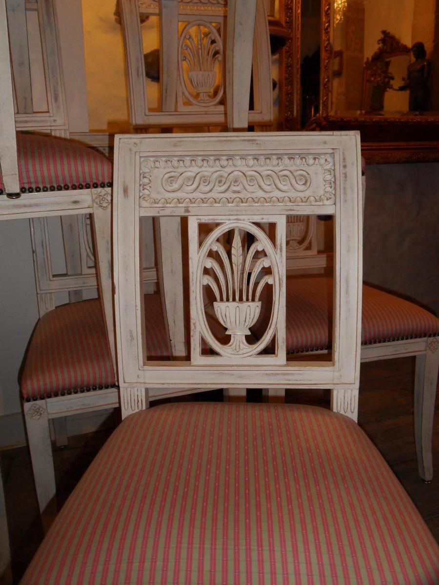 Suite De 12 Chaises Directoire Peinte,tapisserie Soie-photo-3