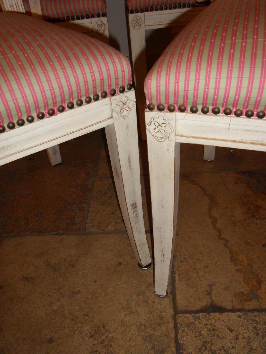 Suite De 12 Chaises Directoire Peinte,tapisserie Soie-photo-4