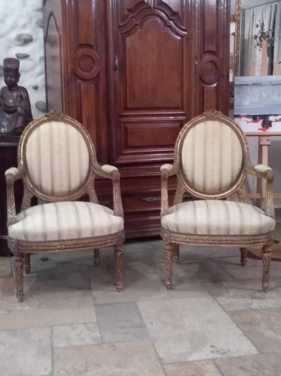 Paire De Fauteuils Bois Doré Style Louis XVI, Pieds Jacob-photo-2