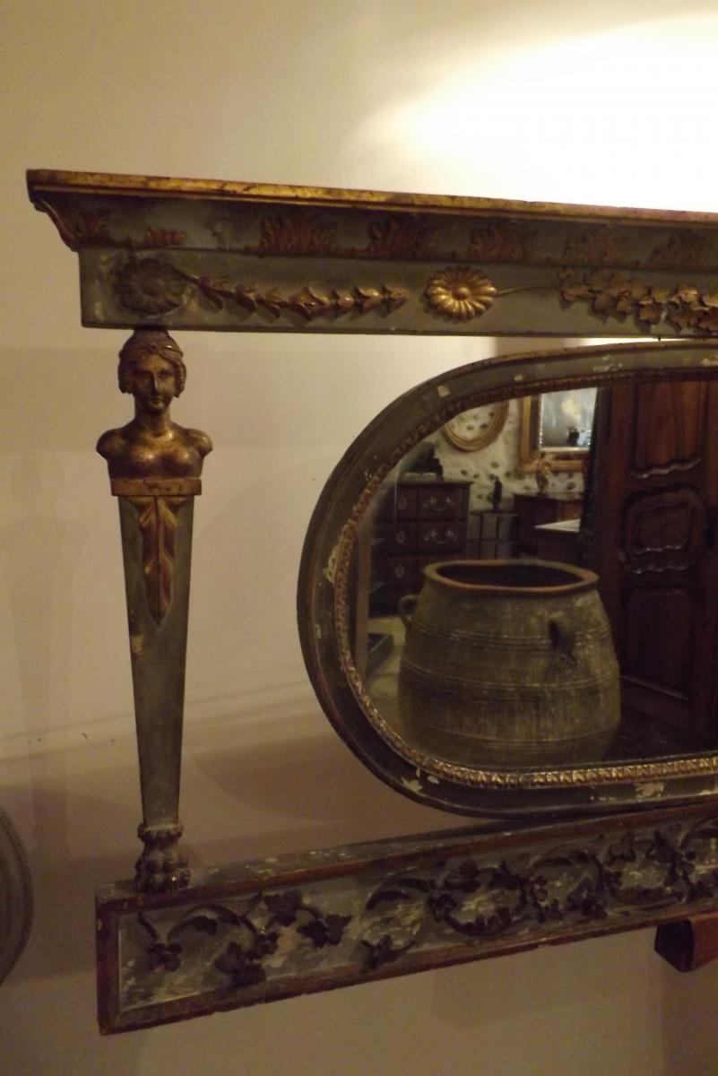 Long Miroir Empire,patine Grise Et Vert Louis XVI-photo-3