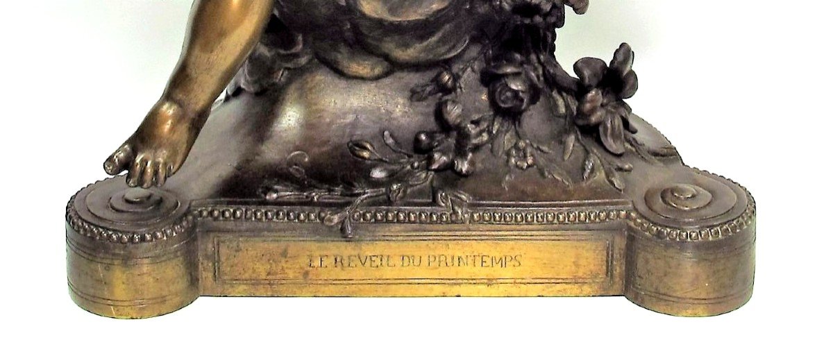 Sculpture En Bronze D’eugène Robert (1831-1912), Intitulée « Le Réveil Du Printemps »-photo-4