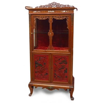 Chinese-style Mahogany And Beijing Lacquer Display Case, End Of 19th Century.