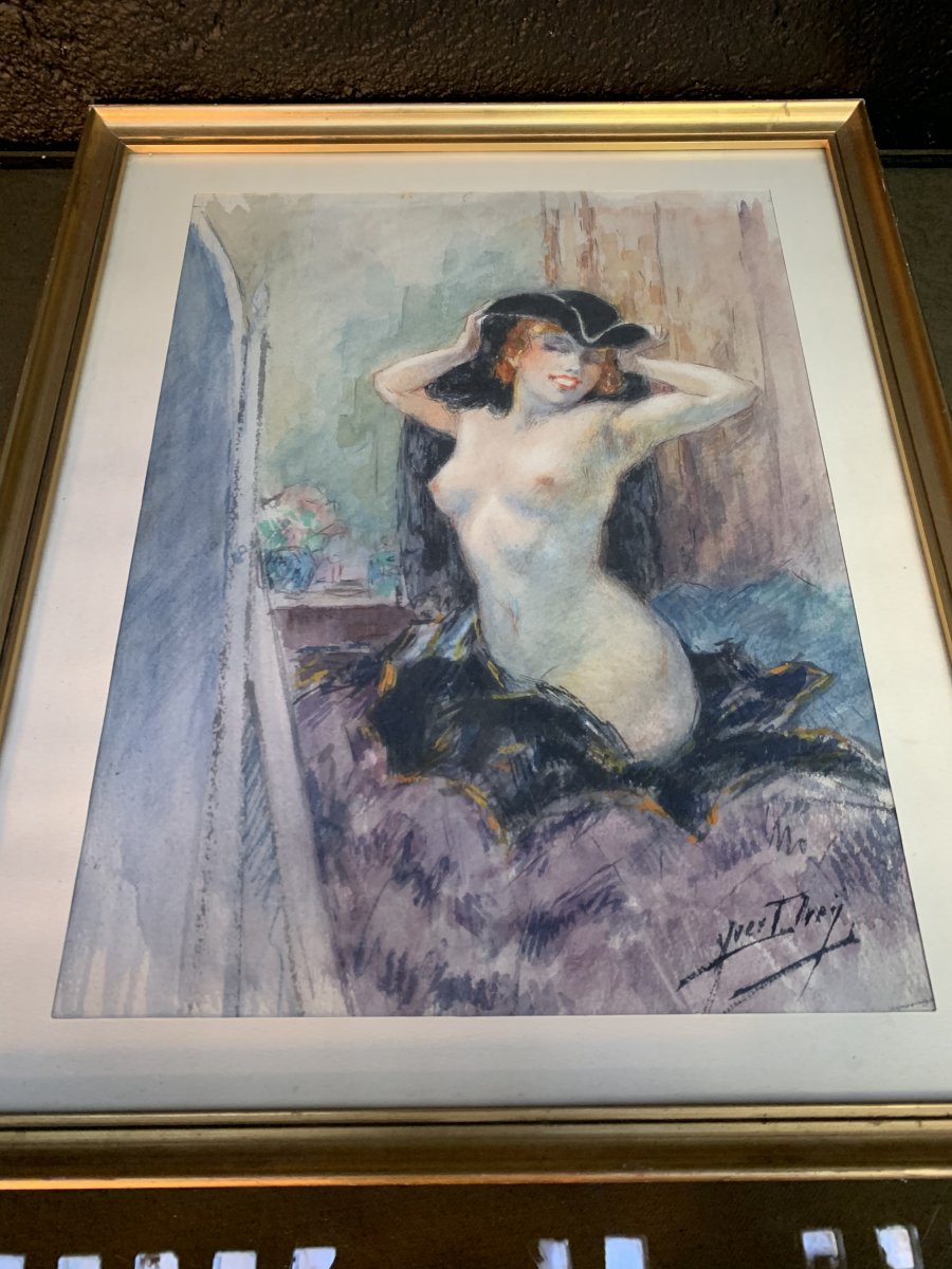 Yves Diey ( XIX-xx ) Aquarelle Femme Nue . -photo-2