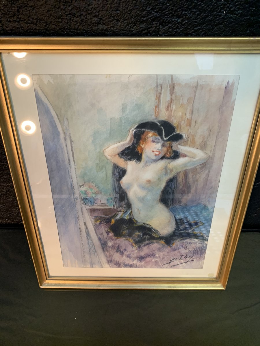 Yves Diey ( XIX-xx ) Aquarelle Femme Nue . -photo-1