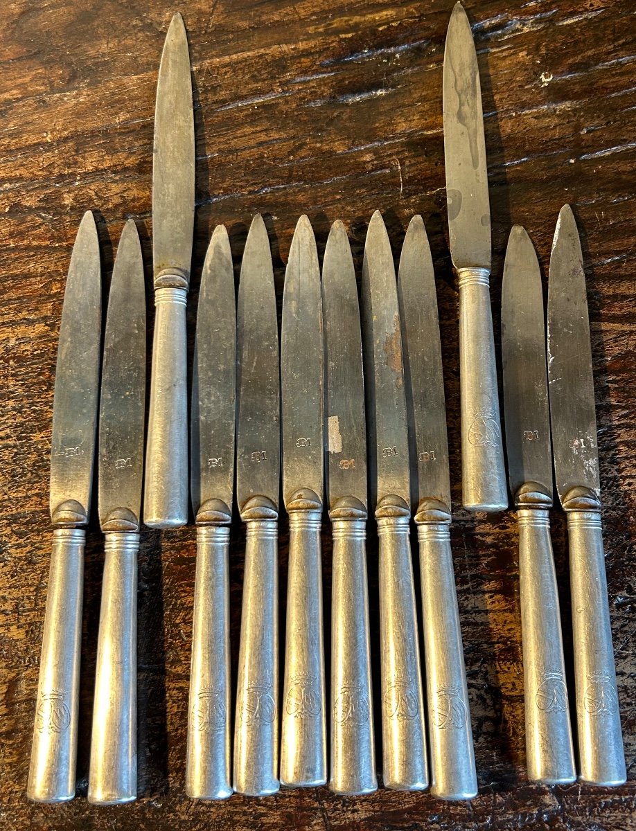 12 Silver Knives 18th Century Heraldic Coat Of Arms-photo-5