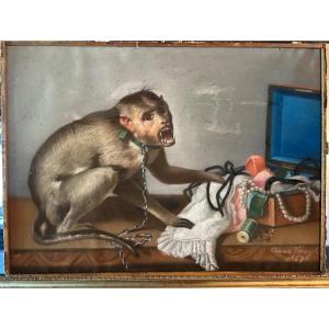 19th Century Painting Curiosity With The Monkey