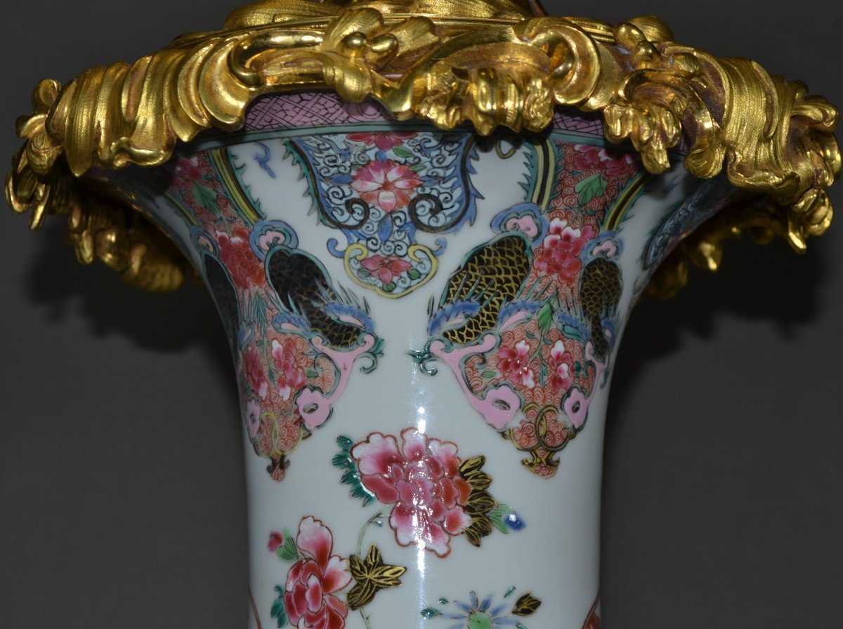 China Yongzheng Porcelain Khou Vase. Mount In Gilt Bronze.