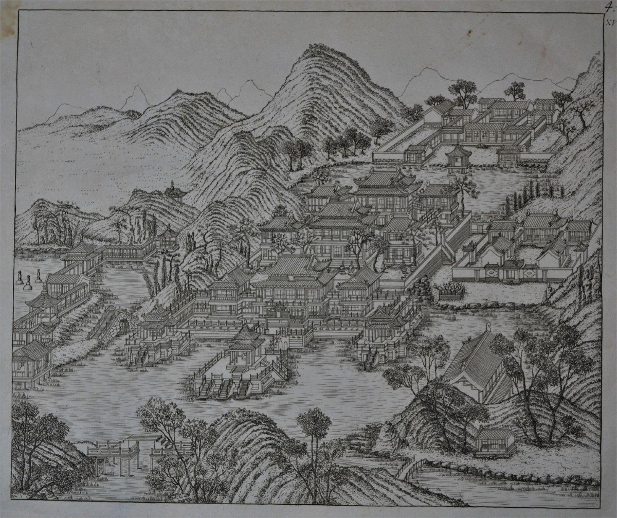 Chinese Palaces And Gardens In A Mountainous Landscape. French Engraving From The 18th Century.-photo-2