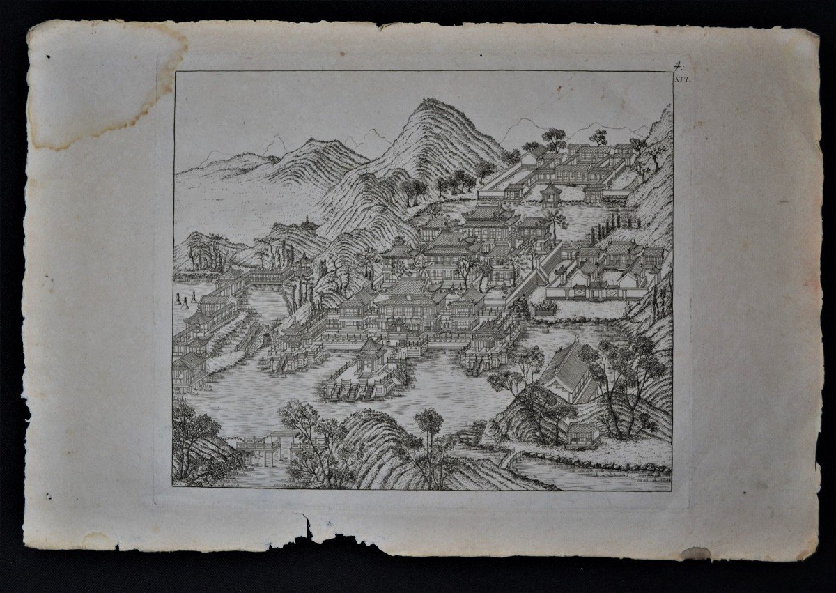 Chinese Palaces And Gardens In A Mountainous Landscape. French Engraving From The 18th Century.-photo-1