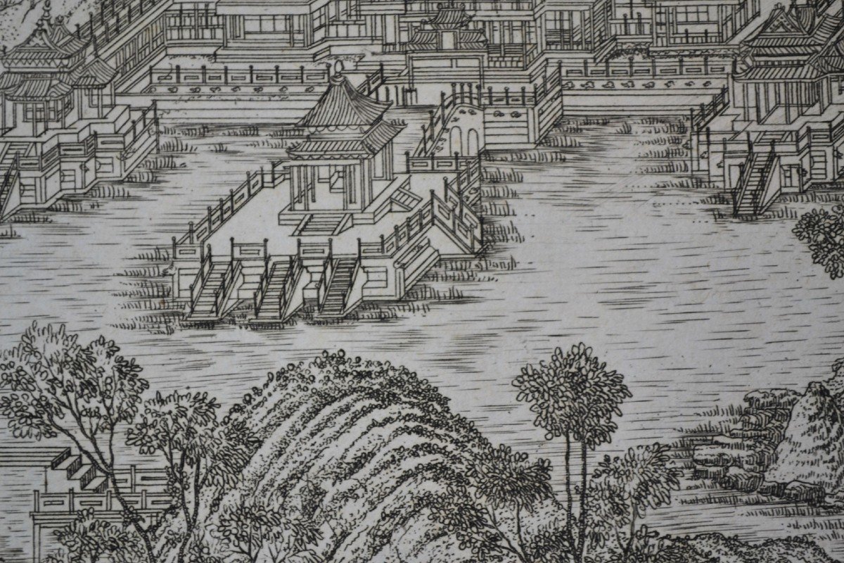 Chinese Palaces And Gardens In A Mountainous Landscape. French Engraving From The 18th Century.-photo-2