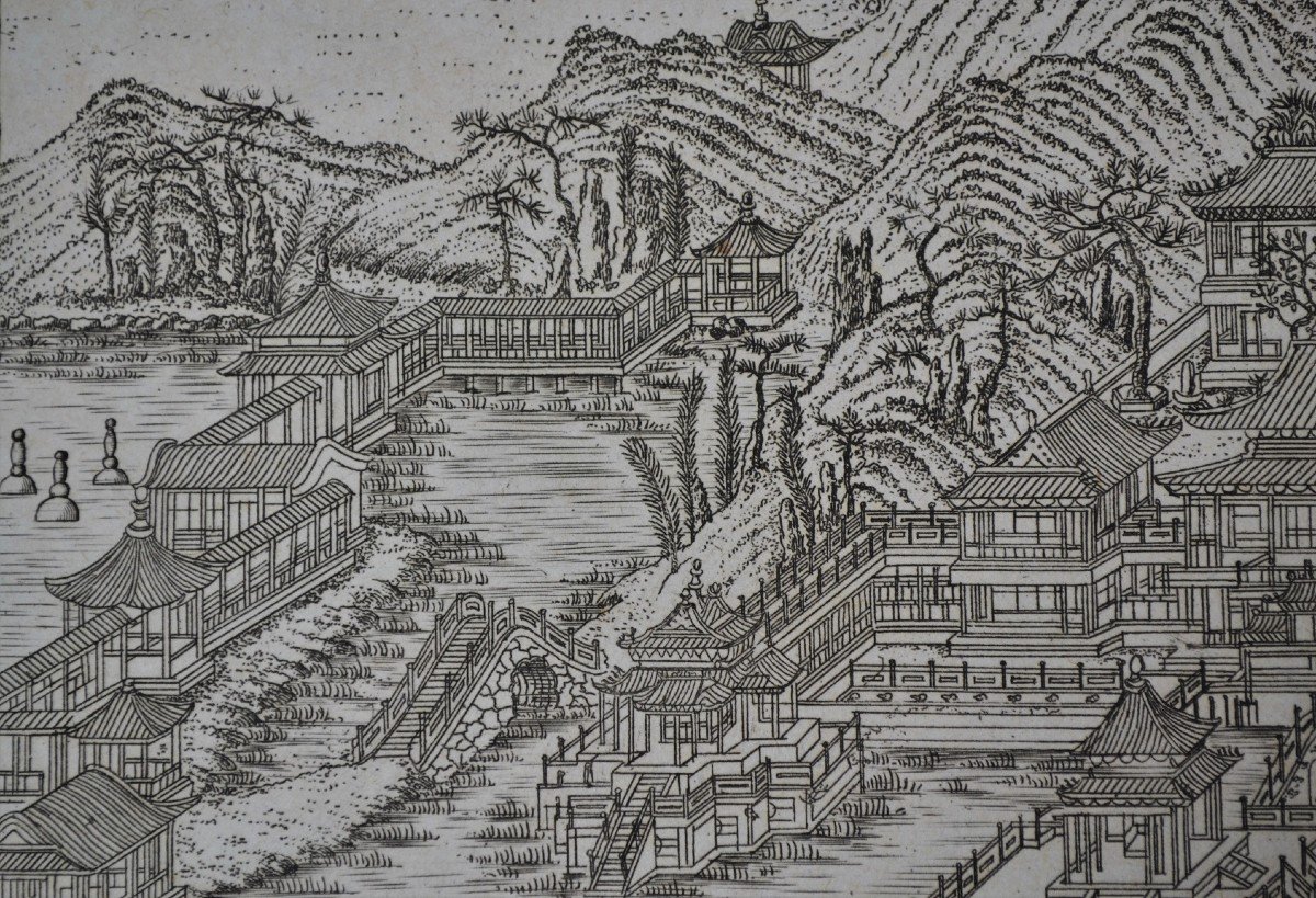 Chinese Palaces And Gardens In A Mountainous Landscape. French Engraving From The 18th Century.-photo-4