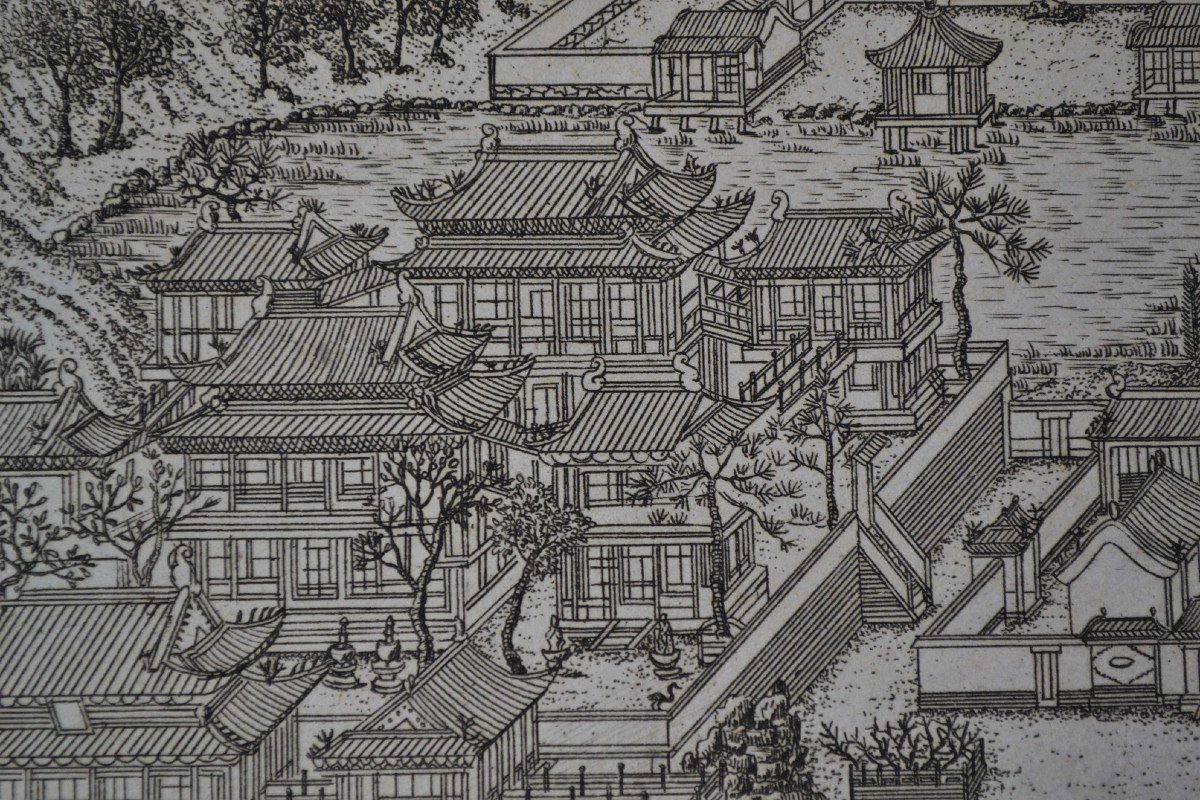 Chinese Palaces And Gardens In A Mountainous Landscape. French Engraving From The 18th Century.-photo-5