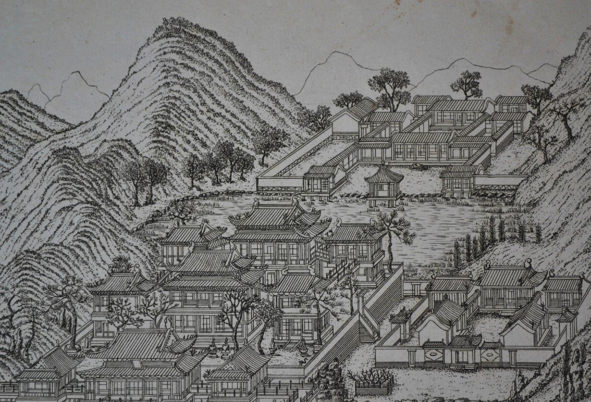 Chinese Palaces And Gardens In A Mountainous Landscape. French Engraving From The 18th Century.