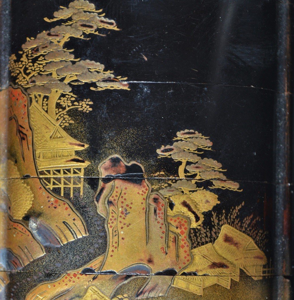 Inro Lacquer Roiro Decor Of A Lake Landscape, Gold And Silver Maki-e And Kirikane. Edo 18th Century.-photo-4