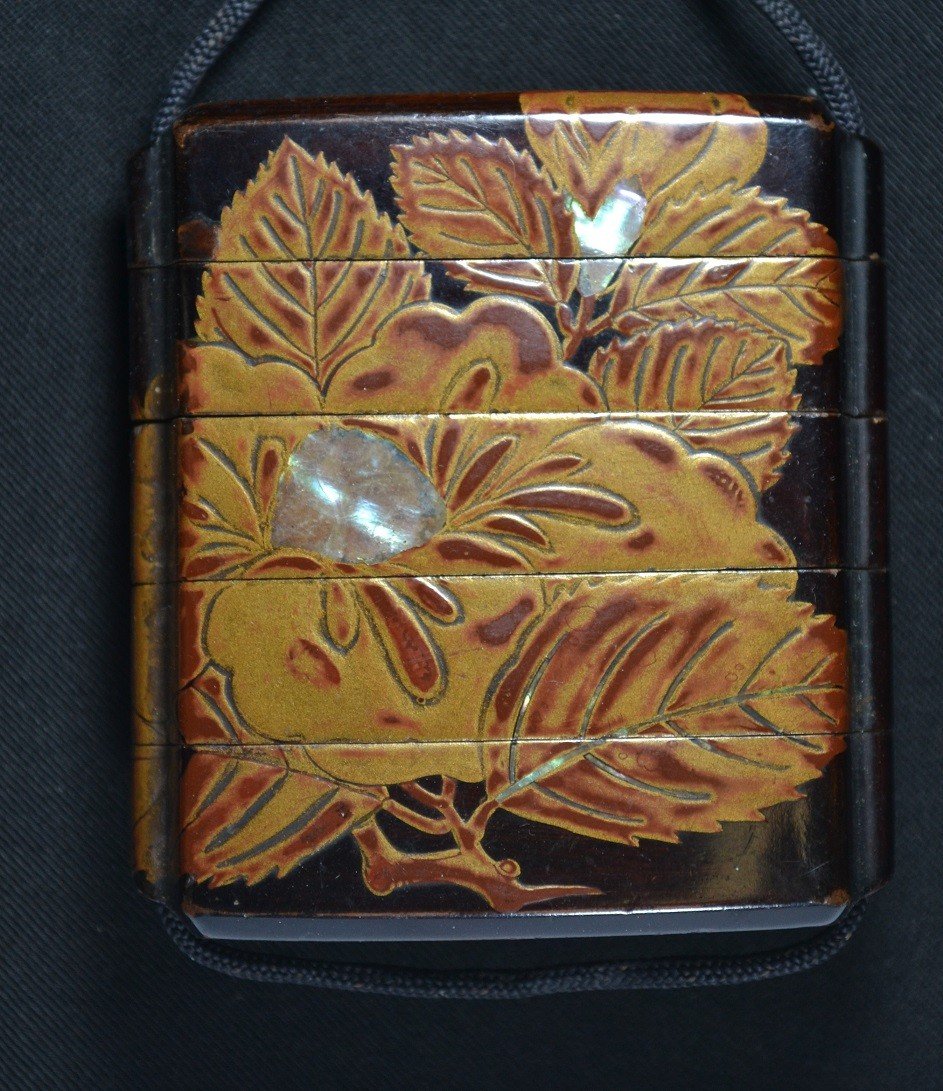 Inro 4 Boxes. Peonies In Mother Of Pearl On Brown Lacquer. Aogai On Roiro Urushi. Japan Edo 17th Century.-photo-6