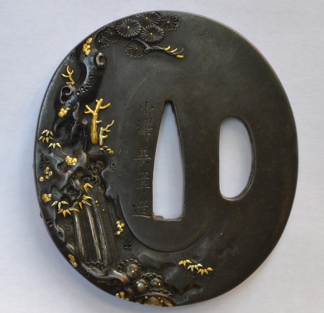 Precious Metal Encrusted Shakudo Tsuba By Yoshiaki. Japan Edo Period Late 18th Century.