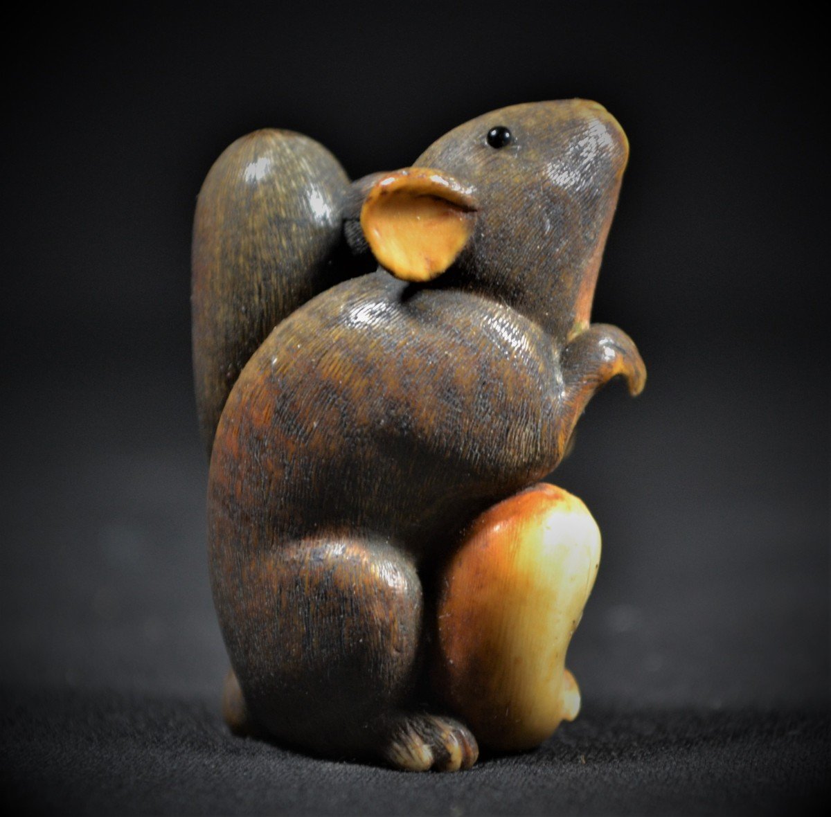 Boar Tooth Netsuke. Surprised Dormouse And Eggplant. Japan Edo Early 19th Century. Anonymous.