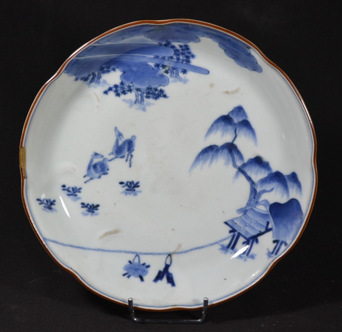 Dish, Arita Porcelain Kakiemon Style. Deer Decor In Cobalt Blue. Japan Late 17th Century.-photo-2